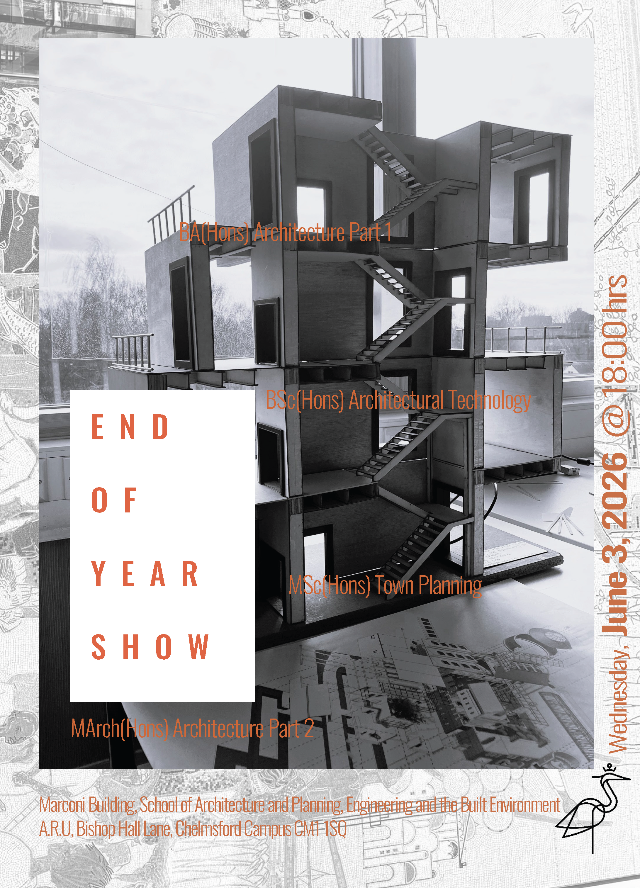 Promotional poster for an 'End of Year Show' featuring a detailed architectural model of a modern building with multiple floors and visible staircases. Details the event date as June 3, 2026, at 18:00